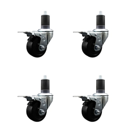 Service Caster 3'' SS Hard Rubber Swivel 1-5/8'' Expand Stem Caster Set Total Lock Brake, 4PK SCC-SSEXTTL20S314-HRS-158-4